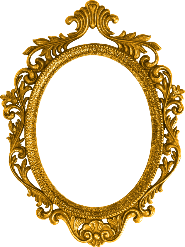 Golden oval baroque style picture frame isolated cutout on transparent
